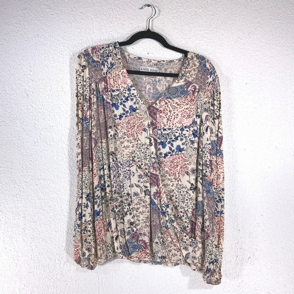 Knox Rose Womens Medium Floral Patchwork Surplice Blouse Boho Smocked Rayon Top